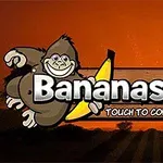 Gorila sonriente sosteniendo un plátano junto al texto Bananas Joe sobre un fondo naranja