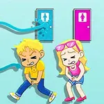 Niño y niña con expresión incómoda frente a puertas de baño con símbolos de género, una con fuga de agua
