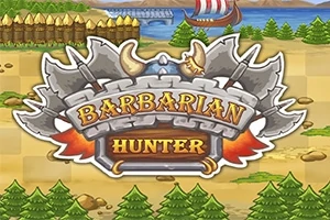 Logo con armas medievales y el título Barbarian Hunter sobre un fondo de paisaje con árboles y un barco vikingo