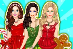 Tres mujeres vestidas de gala con atuendos navideños en rojo y verde, rodeadas de adornos festivos