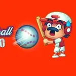 Personaje caricaturesco de béisbol con uniforme y casco, listo para batear una pelota sobre un fondo rojo, junto al texto Baseball Hero
