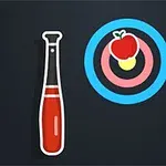 Un bate rojo y blanco junto a una diana con una manzana roja en el centro sobre un fondo oscuro