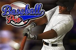 Jugador de béisbol con uniforme a rayas blancas y casco negro bateando, con el texto Baseball Pro y una pelota de béisbol al fondo