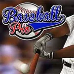 Jugador de béisbol con uniforme a rayas blancas y casco negro bateando, con el texto Baseball Pro y una pelota de béisbol al fondo