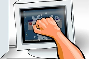 Brazo golpeando la pantalla de una computadora con un monitor antiguo