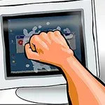 Brazo golpeando la pantalla de una computadora con un monitor antiguo