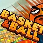 Caricatura de un balón de baloncesto con rostro y expresión determinada, junto al texto Basket & Ball en un estadio animado