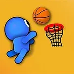 Personaje azul lanzando un balón de baloncesto hacia una canasta sobre un fondo amarillo
