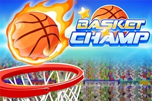 Balón de baloncesto en llamas junto a una canasta y el texto Basket Champ con estrellas en un estadio lleno de espectadores