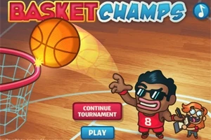 Cancha de baloncesto con un balón acercándose a una canasta y dos personajes animados, uno lanzando el balón y otro observando