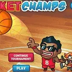Cancha de baloncesto con un balón acercándose a una canasta y dos personajes animados, uno lanzando el balón y otro observando