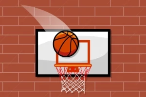 Balón de baloncesto entrando en una canasta con tablero y fondo de ladrillos