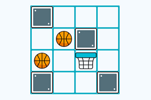 Rejilla de 3x3 con dos balones de baloncesto, un aro y varios bloques grises