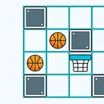 Rejilla de 3x3 con dos balones de baloncesto, un aro y varios bloques grises