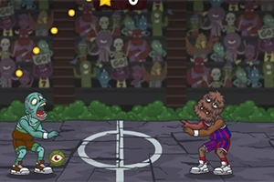 Dos figuras monstruosas parecen estar jugando un partido en una cancha con una multitud de zombis animados en el fondo