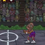 Dos figuras monstruosas parecen estar jugando un partido en una cancha con una multitud de zombis animados en el fondo