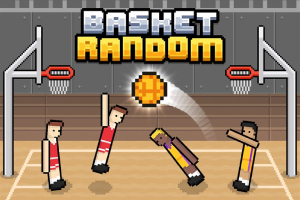 Jugadores pixelados de baloncesto en una cancha con un balón en el aire y dos canastas al fondo