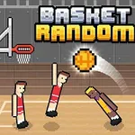 Jugadores pixelados de baloncesto en una cancha con un balón en el aire y dos canastas al fondo
