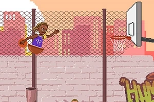 Jugador de básquetbol en movimiento pixelado, haciendo una jugada cerca de una cancha al aire libre con una pared de ladrillos y una malla protectora