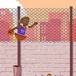 Jugador de básquetbol en movimiento pixelado, haciendo una jugada cerca de una cancha al aire libre con una pared de ladrillos y una malla protectora