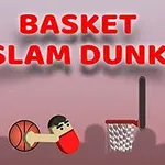 Personaje animado jugando baloncesto con un balón cerca de una canasta, acompañado del texto Basket Slam Dunk