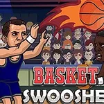 Dos jugadores de baloncesto animados compiten en la cancha, con un balón en llamas y una multitud en el fondo