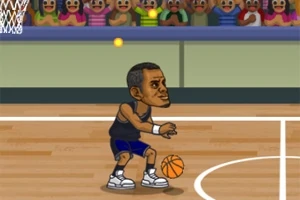 Jugador de baloncesto caricaturizado con uniforme negro y azul driblando un balón en una cancha, con público animado al fondo