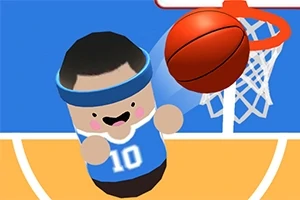 Mini personaje con banda azul y camiseta número 10 intentando encestar un balón de baloncesto en una canasta