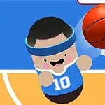 Mini personaje con banda azul y camiseta número 10 intentando encestar un balón de baloncesto en una canasta