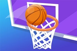Balón de baloncesto entrando en una canasta con un fondo morado y azul