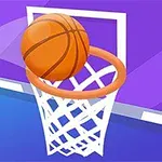 Balón de baloncesto entrando en una canasta con un fondo morado y azul