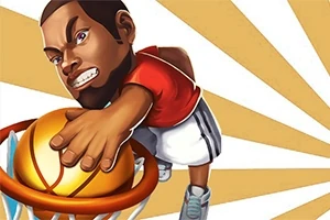 Jugador animado de baloncesto realizando un clavado con fuerza sobre una canasta