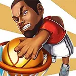 Jugador animado de baloncesto realizando un clavado con fuerza sobre una canasta