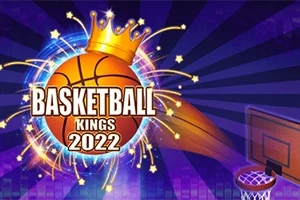 Balón de baloncesto con una corona dorada y la inscripción Basketball Kings 2022 junto a una canasta en un fondo azul con rayos y estrellas