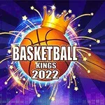 Balón de baloncesto con una corona dorada y la inscripción Basketball Kings 2022 junto a una canasta en un fondo azul con rayos y estrellas