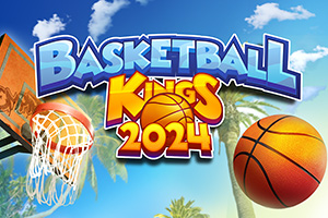 Balón de baloncesto frente a una canasta con fondo de cielo azul y palmeras, junto al texto Basketball Kings 2024