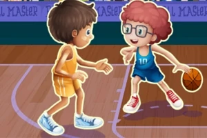 Dos niños caricaturizados jugando baloncesto en una cancha, uno con uniforme amarillo y el otro con uniforme azul y gafas, sosteniendo una pelota