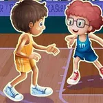 Dos niños caricaturizados jugando baloncesto en una cancha, uno con uniforme amarillo y el otro con uniforme azul y gafas, sosteniendo una pelota
