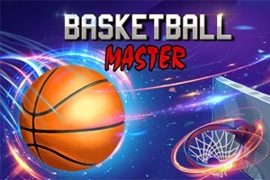 Balón de baloncesto brillante dirigiéndose hacia un aro, con efectos de luz y líneas dinámicas de fondo