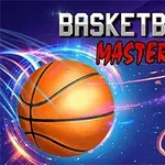 Balón de baloncesto brillante dirigiéndose hacia un aro, con efectos de luz y líneas dinámicas de fondo