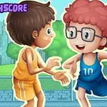 Dos niños jugando baloncesto en una cancha al aire libre, uno con uniforme naranja y el otro con uniforme azul y gafas