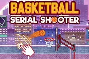 Fondo urbano colorido con un aro de baloncesto, una mano dibujada lanzando un balón y el texto Basketball Serial Shooter