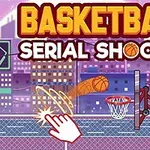 Fondo urbano colorido con un aro de baloncesto, una mano dibujada lanzando un balón y el texto Basketball Serial Shooter