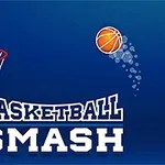 Balón de baloncesto acercándose a una canasta con la frase Basketball Smash en letras grandes y blancas frente a un fondo azul