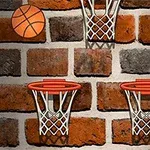 Tres aros de baloncesto en una pared de ladrillo con un balón de baloncesto en la esquina superior izquierda