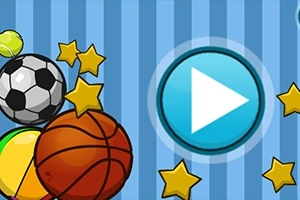 Pelotas deportivas y estrellas rodean un botón azul de reproducción sobre un fondo de rayas azules