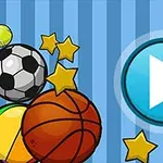 Pelotas deportivas y estrellas rodean un botón azul de reproducción sobre un fondo de rayas azules