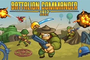 Soldados caricaturizados en un campo de batalla con explosiones, un tanque y un avión en el fondo
