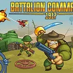 Soldados caricaturizados en un campo de batalla con explosiones, un tanque y un avión en el fondo