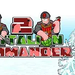 Dos soldados caricaturescos con cascos, uno con un rifle y el otro sosteniendo una granada, junto a un texto grande en un fondo nevado